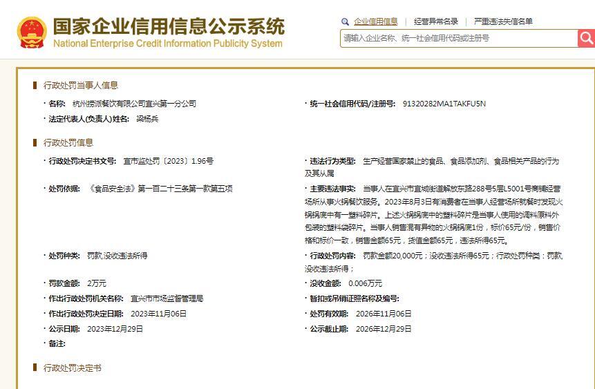 海底捞一门店吃出塑料碎片被罚2万元 第2张