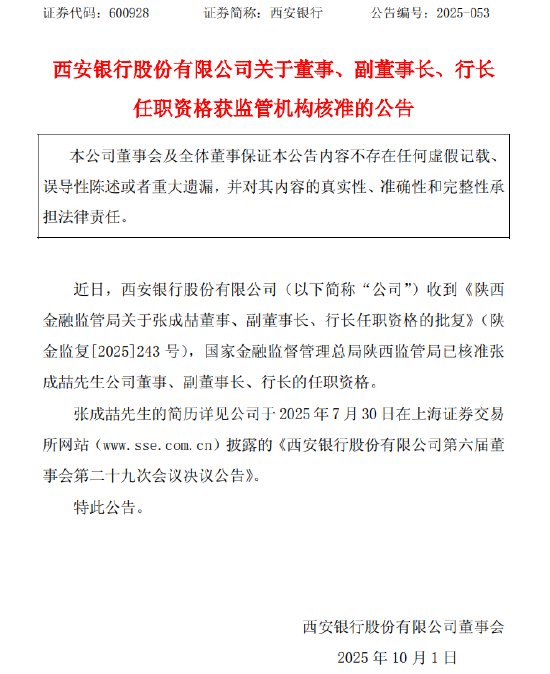 西安银行：张成喆董事、副董事长、行长任职资格获核准