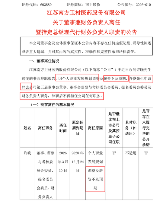 年报前财务负责人离职：称工资给低了，前任年薪不足30万