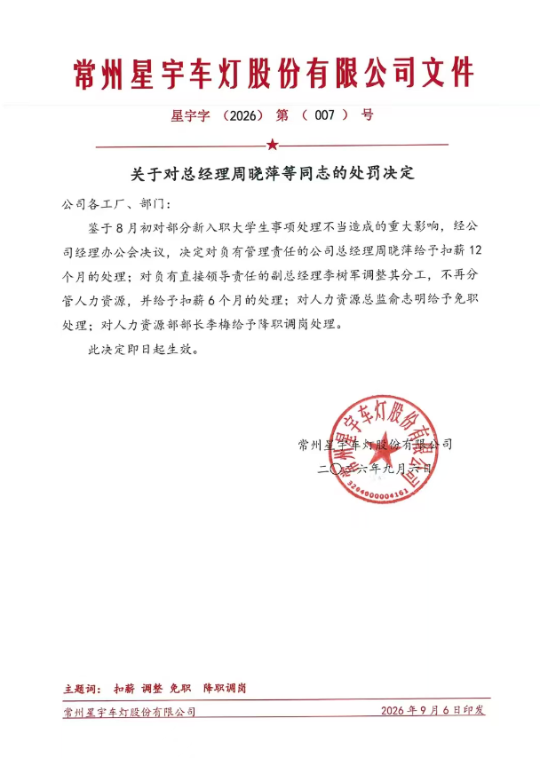 星宇股份“解约门”追责，总经理扣薪12个月，人力资源总监免职